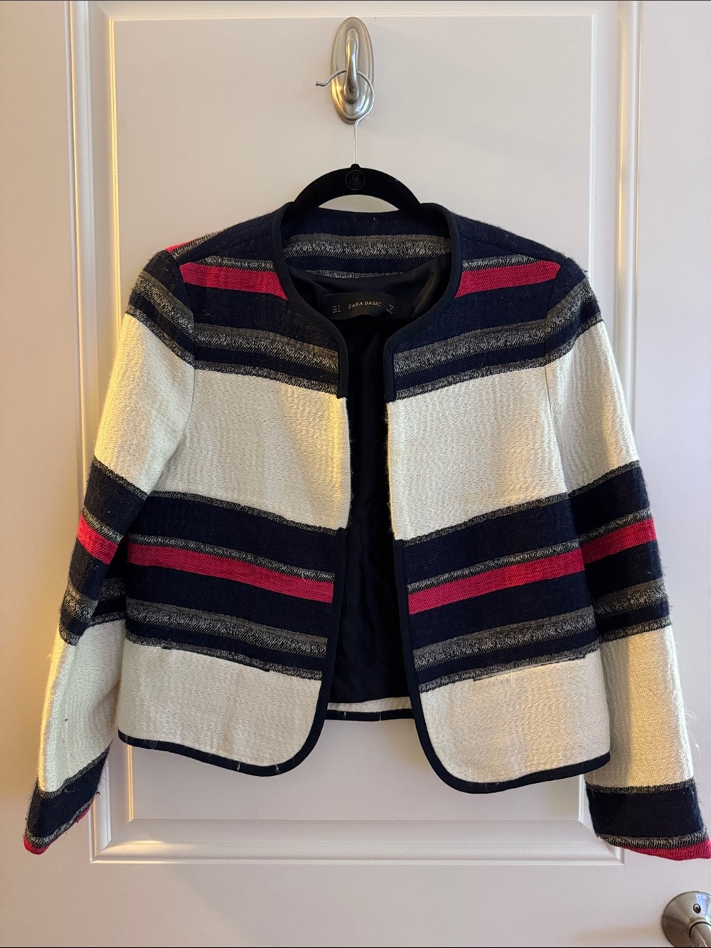 Zara Navy, Cream & Pink Striped Collarless Jacket